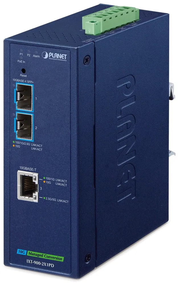 Planet IXT-900-2X1PD průmyslový konvertor 1x 10G Base-T PoE PD / 2x SFP+ 10GBase-X, IP40,-40~75°C, dual power, SNMP
