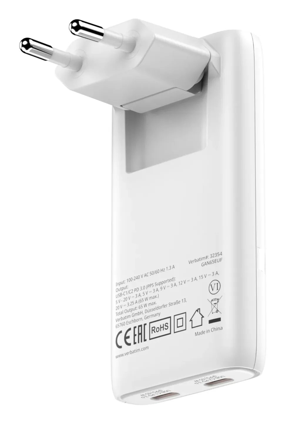 VERBATIM GaN Nabíječka Fold 'n' Go 65W, 2xUSB-C, bílá