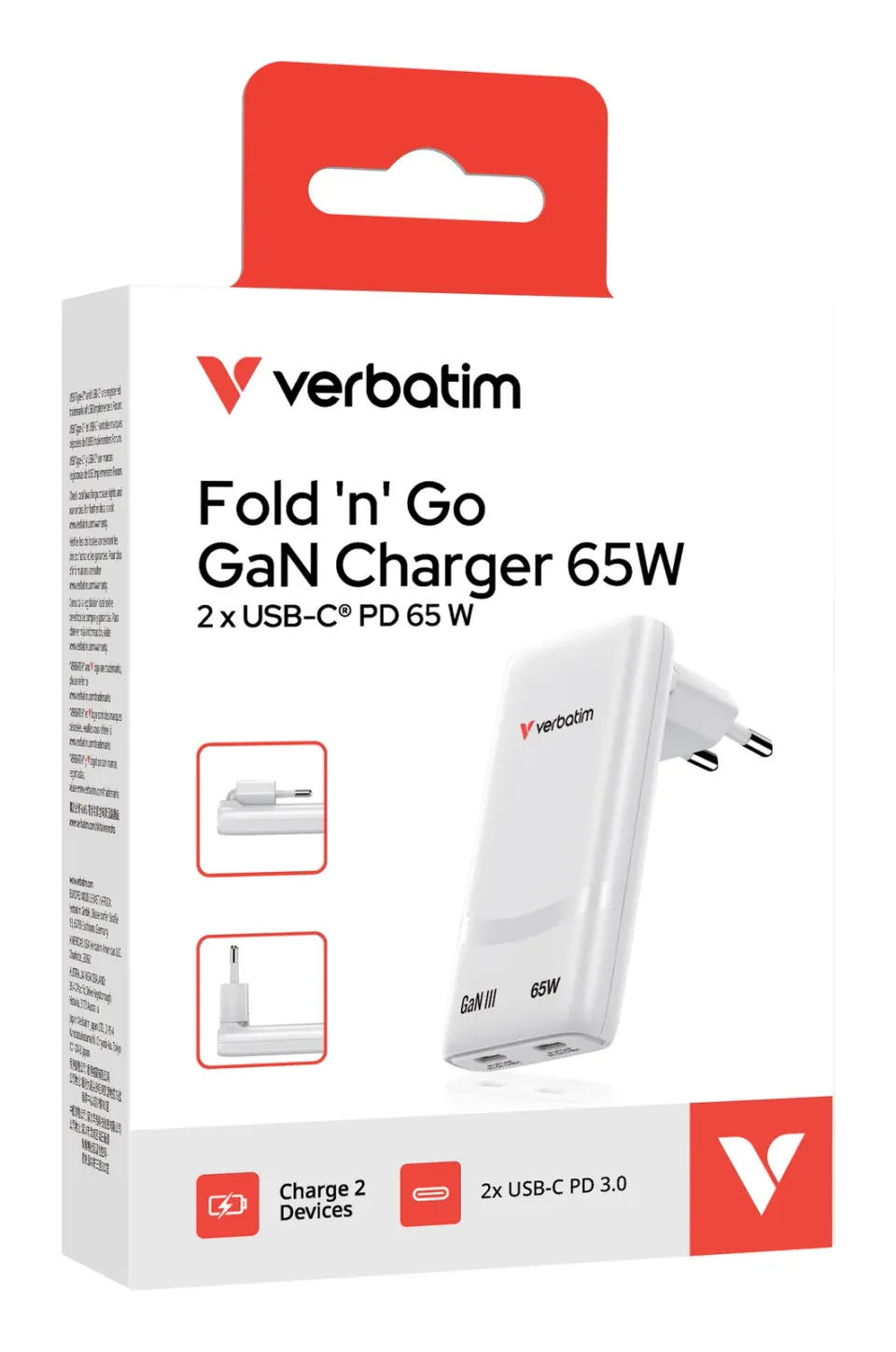 VERBATIM GaN Nabíječka Fold 'n' Go 65W, 2xUSB-C, bílá