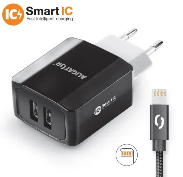 Chytrá síťová nabíječka ALIGATOR 3.4A, 2xUSB, smart IC, černá, kabel pro iPhone/iPad 2A