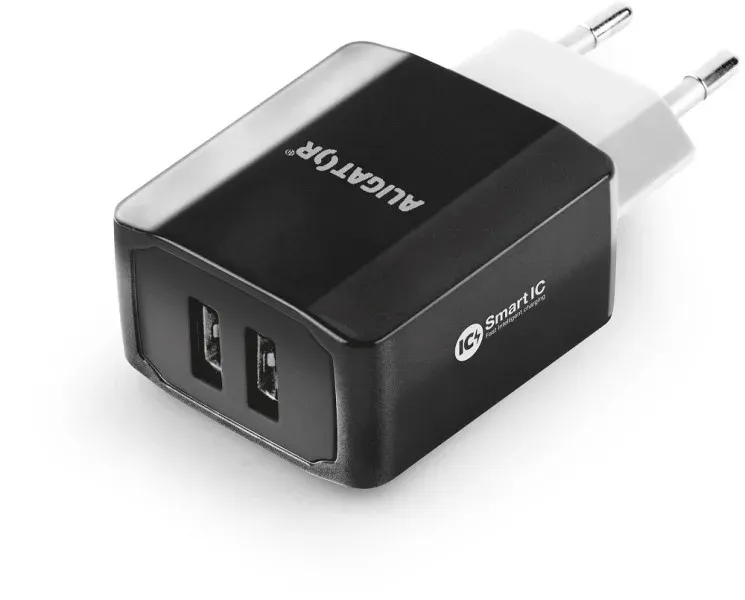 Chytrá síťová nabíječka ALIGATOR 3.4A, 2xUSB, smart IC, černá, kabel pro iPhone/iPad 2A