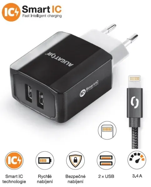 Chytrá síťová nabíječka ALIGATOR 3.4A, 2xUSB, smart IC, černá, kabel pro iPhone/iPad 2A