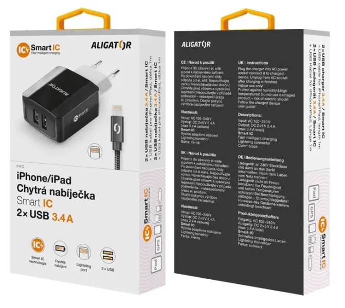 Chytrá síťová nabíječka ALIGATOR 3.4A, 2xUSB, smart IC, černá, kabel pro iPhone/iPad 2A