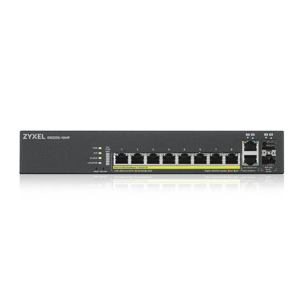 Zyxel GS2220-10HP 10-port L2 Managed Gigabit PoE Switch, 8x gigabit RJ45, 2x gigabit RJ45/SFP, PoE 180 W