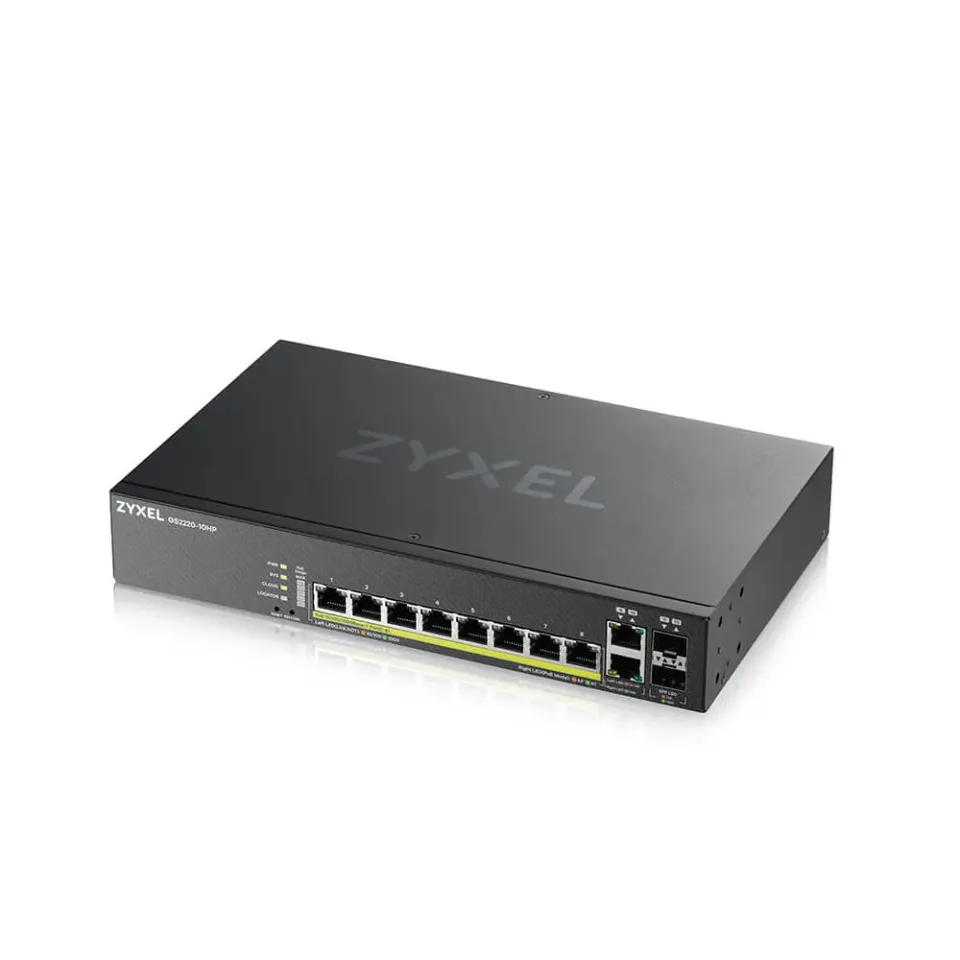 Zyxel GS2220-10HP 10-port L2 Managed Gigabit PoE Switch, 8x gigabit RJ45, 2x gigabit RJ45/SFP, PoE 180 W