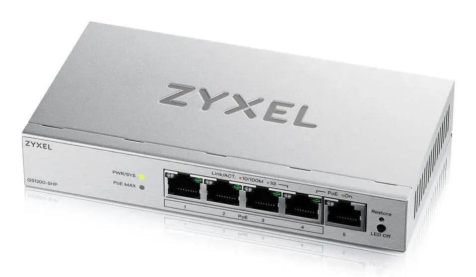 Zyxel GS1200-5HPv2 5-port Desktop Gigabit Web Smart PoE switch, 4x PoE+ GbE, PoE 60W, fanless