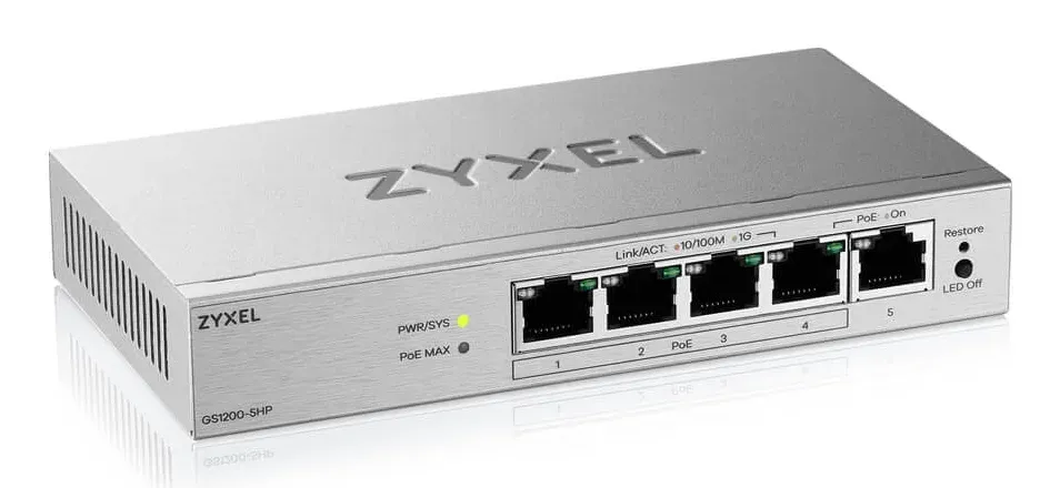 Zyxel GS1200-5HPv2 5-port Desktop Gigabit Web Smart PoE switch, 4x PoE+ GbE, PoE 60W, fanless