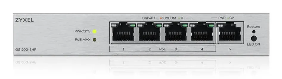 Zyxel GS1200-5HPv2 5-port Desktop Gigabit Web Smart PoE switch, 4x PoE+ GbE, PoE 60W, fanless
