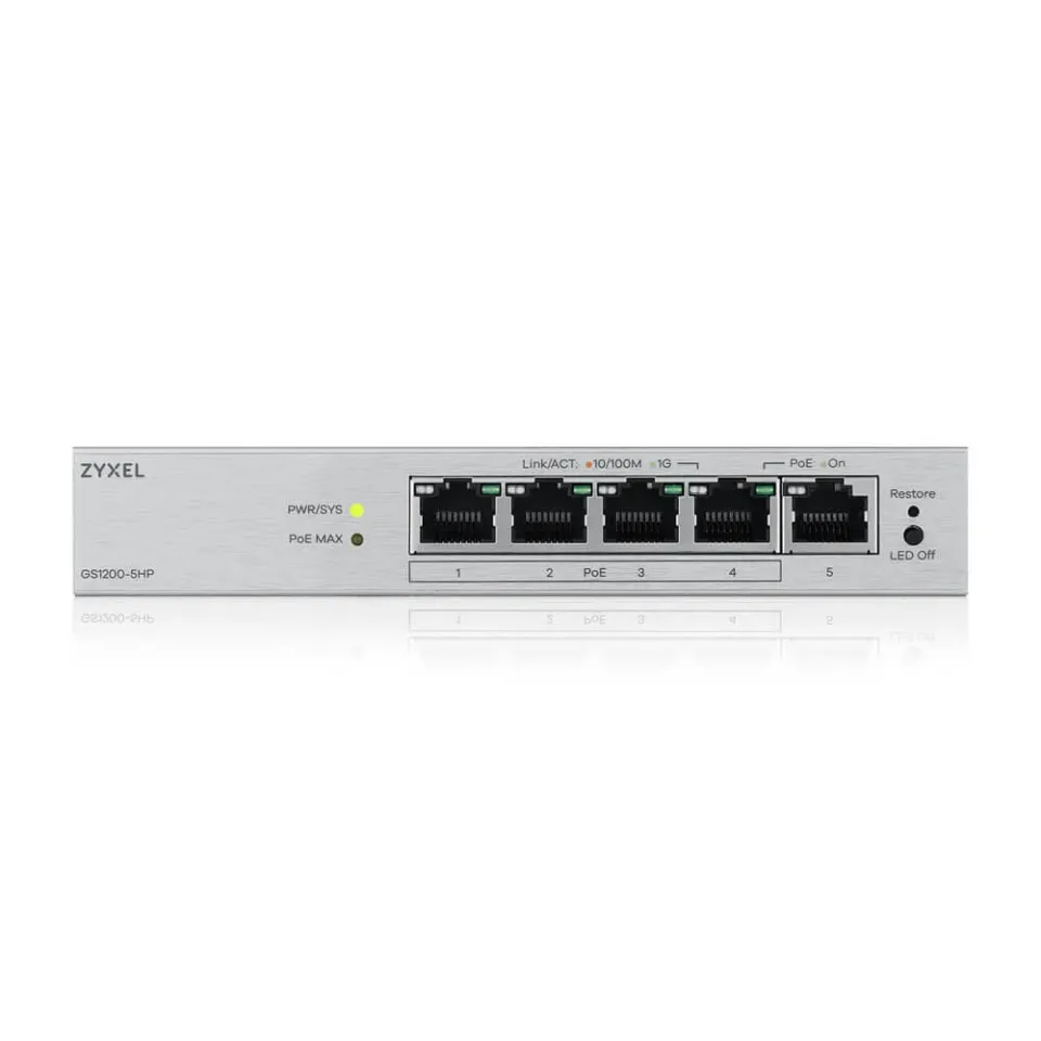 Zyxel GS1200-5HPv2 5-port Desktop Gigabit Web Smart PoE switch, 4x PoE+ GbE, PoE 60W, fanless