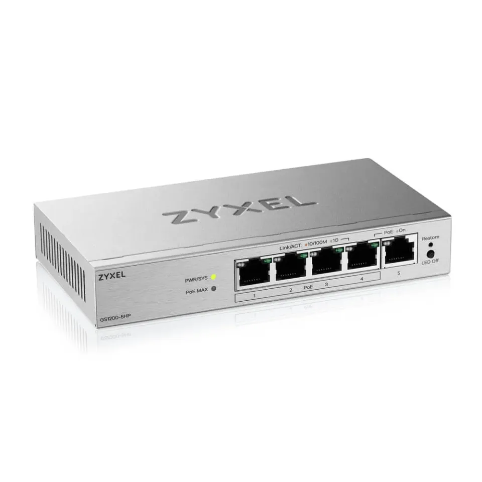 Zyxel GS1200-5HPv2 5-port Desktop Gigabit Web Smart PoE switch, 4x PoE+ GbE, PoE 60W, fanless