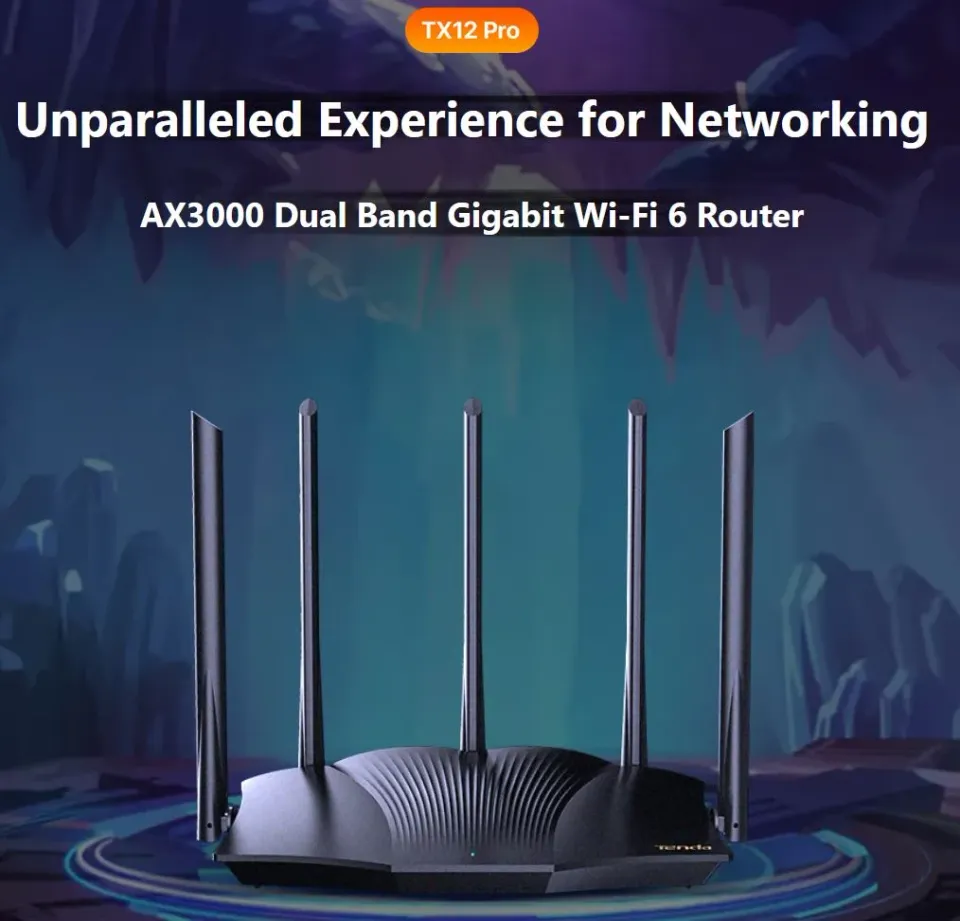 Tenda TX12 Pro AX3000 WiFi 6 Router, 1x GWAN, 3x GLAN, IPv6, 5x 6dBi, WPA3, Mesh, CZ app