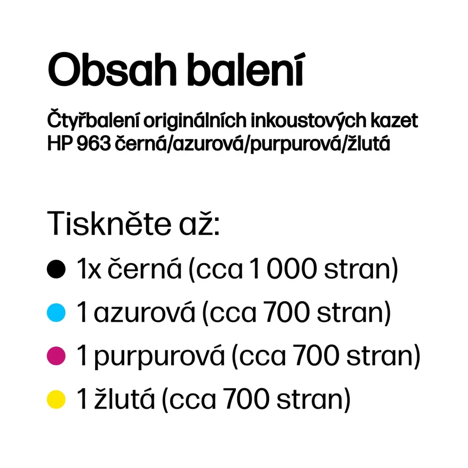 HP 6ZC70AE náplně č.963 CMYK (4pack = černá + CMY) (pro OfficeJet Pro 9010, 9013, 9020, 9023)
