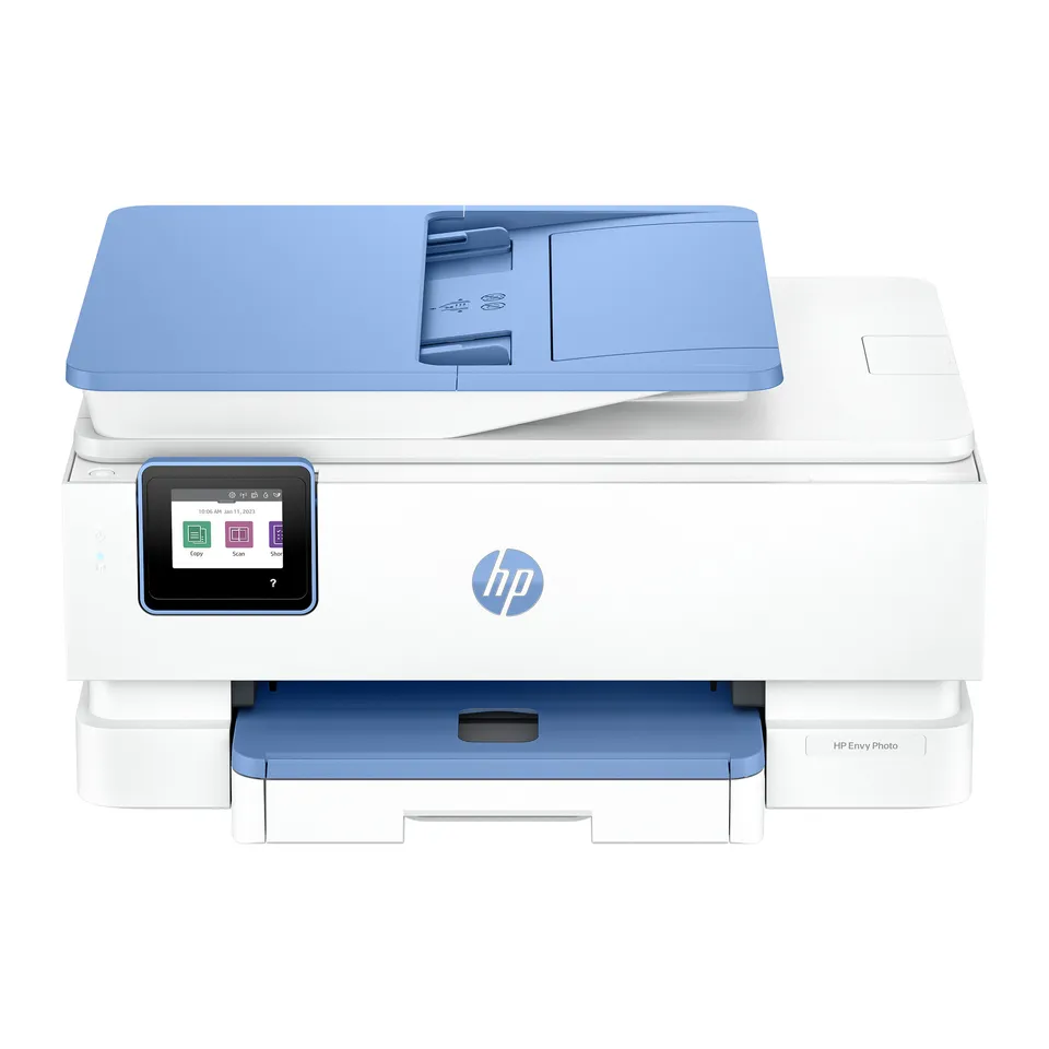 HP ENVY Photo 7931 – fotografická multifunkce A4 3 v 1, bílá s modrými prvky, duplex, podavač dokumentů, zásobník na fotopapír, Wi-Fi