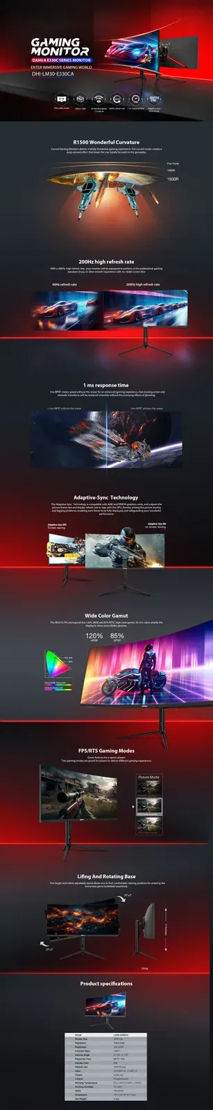 Dahua monitor LM30-E330CA curved 30" VA/2560x1080/1ms/250nits/3000:1/200Hz/2xDP/