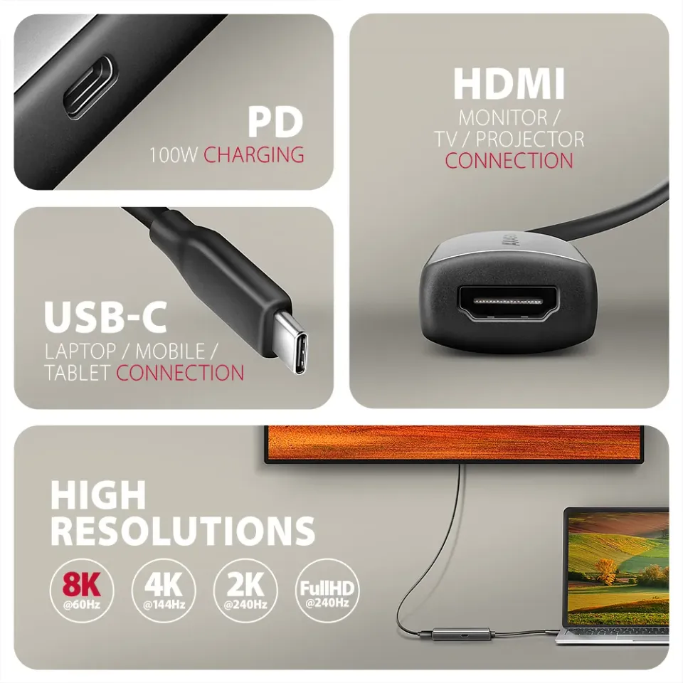 AXAGON RVC-HI8KPD, USB-C -> HDMI 2.1 redukce / adaptér, 8K/60Hz, 4K/144Hz, HDR10