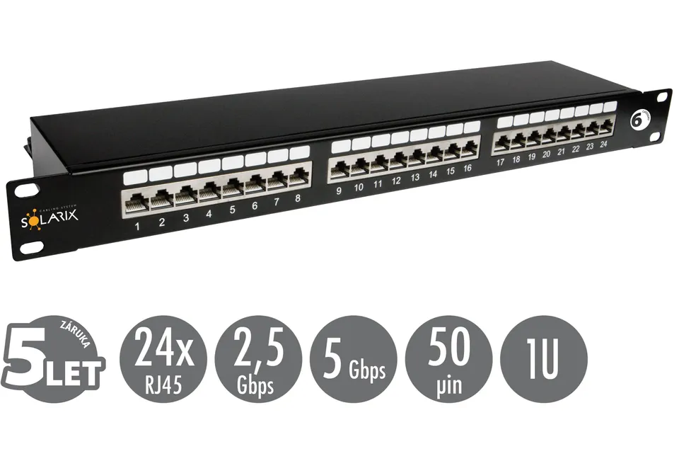 19" patch panel Solarix 24 x RJ45 CAT6 STP černý 1U SX24-6-STP-BK