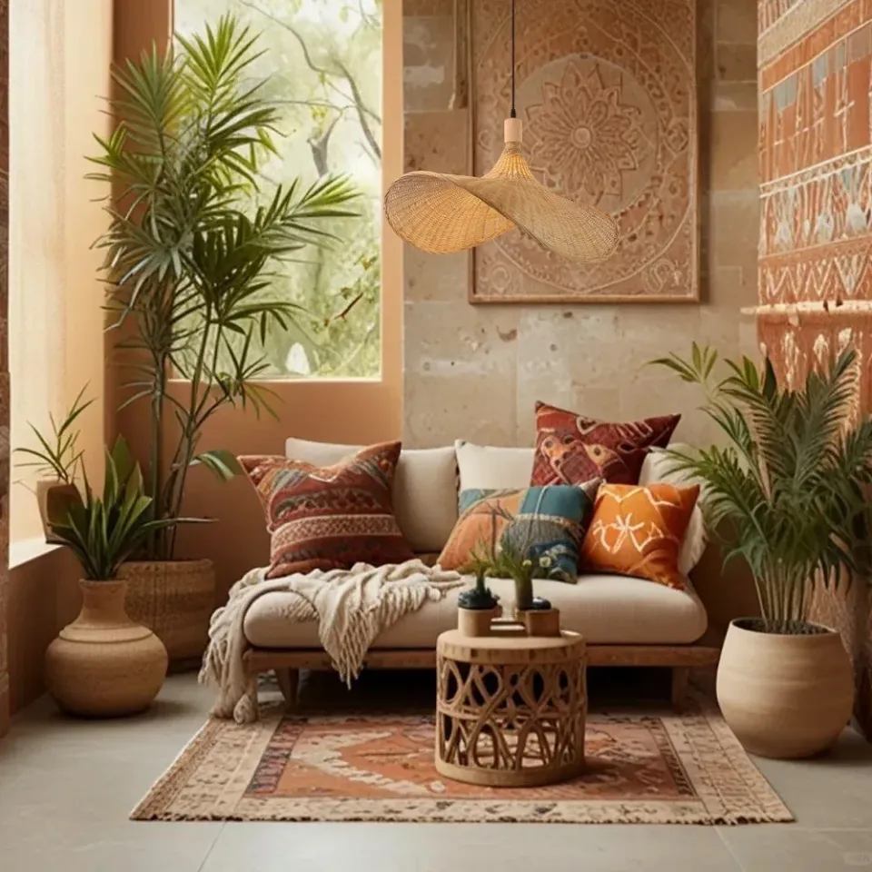 IMMAX BOHO SOMBRERO designové závěsné svítidlo D70cm, E27, přírodní ratan