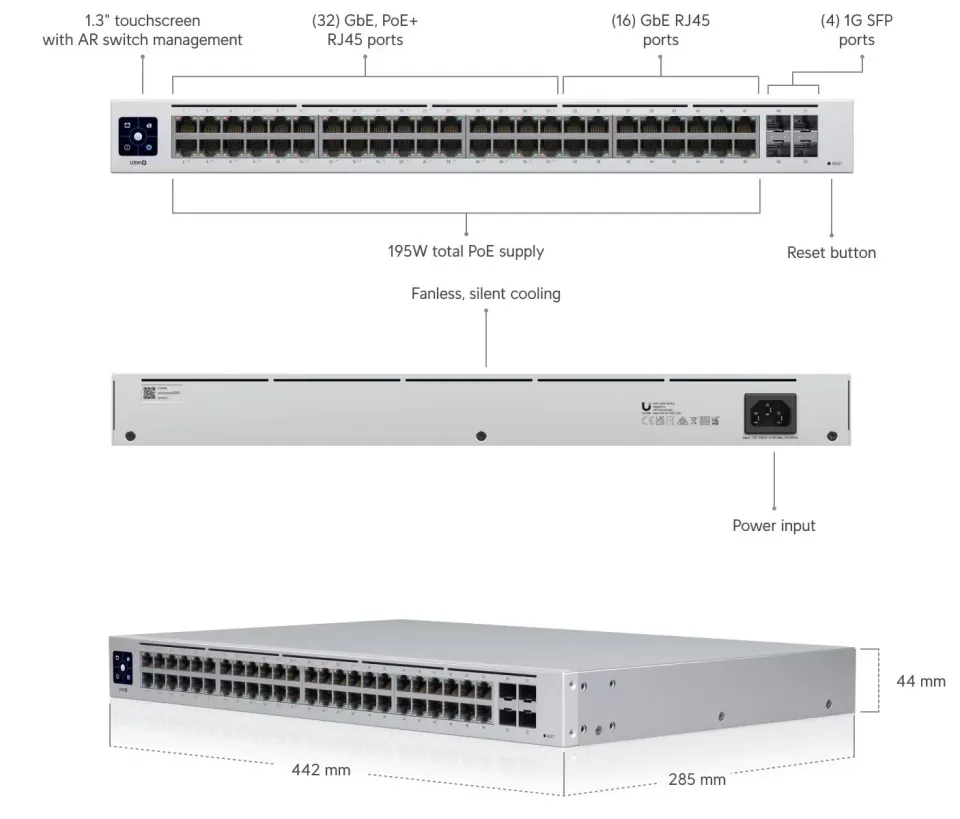 UBNT UniFi Switch USW-48-POE Gen2 [24xGigabit, 32x PoE out 240W, 802.3at/af, 4xSFP, 104Gbps]