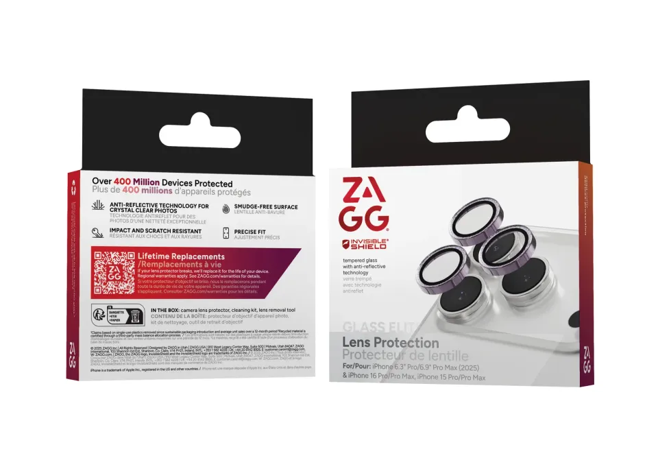 ZAGG Ochranná čočka Premium pro Apple 17 Pro/Pro Max/16 Pro/Pro Max/15 Pro/Pro Max - fialová třpytka