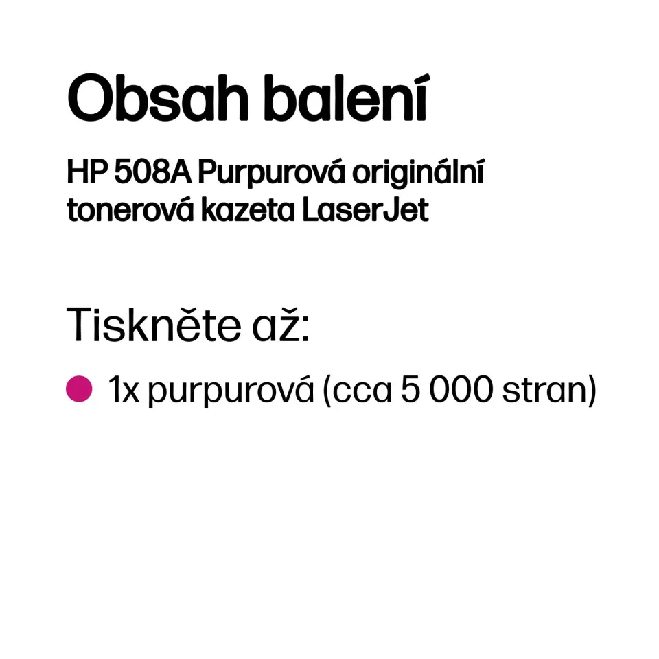 HP CF363A originální toner purpurový č.508A malý cca 5000 str. (magenta HP CLJ M552, M553, purpurová, ColorSphere 3 Jetintelligence )