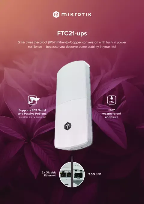 MikroTik FTC21-ups Fiber-to-Copper Converter s UPS funkcí (2 x 1G Eth, 1 x 2.5G SFP)