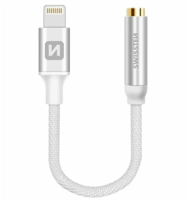 Swissten audio adaptér textile lightning /jack(samice) 0,15 m stříbrný