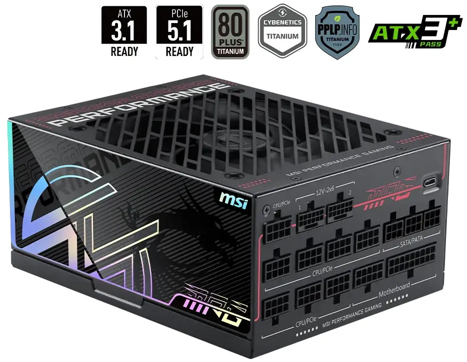 MSI zdroj MPG AI1600TS PCIE5/ 1600W/ ATX3.1/ akt. PFC/ 12 let záruka/ 135mm fan/ modulární kabeláž/ 80PLUS Titanium