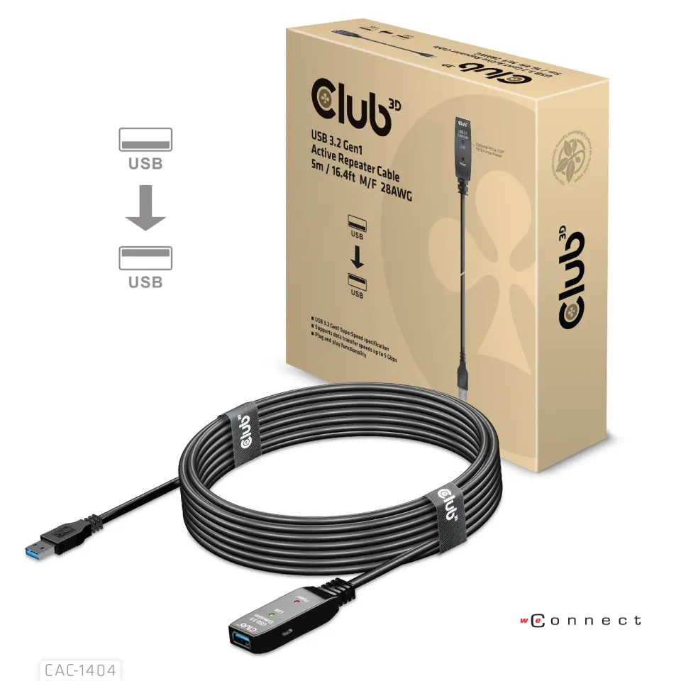 Club3D Kabel USB 3.2 Gen1 Active Repeater Cable M/F 28AWG, 5m