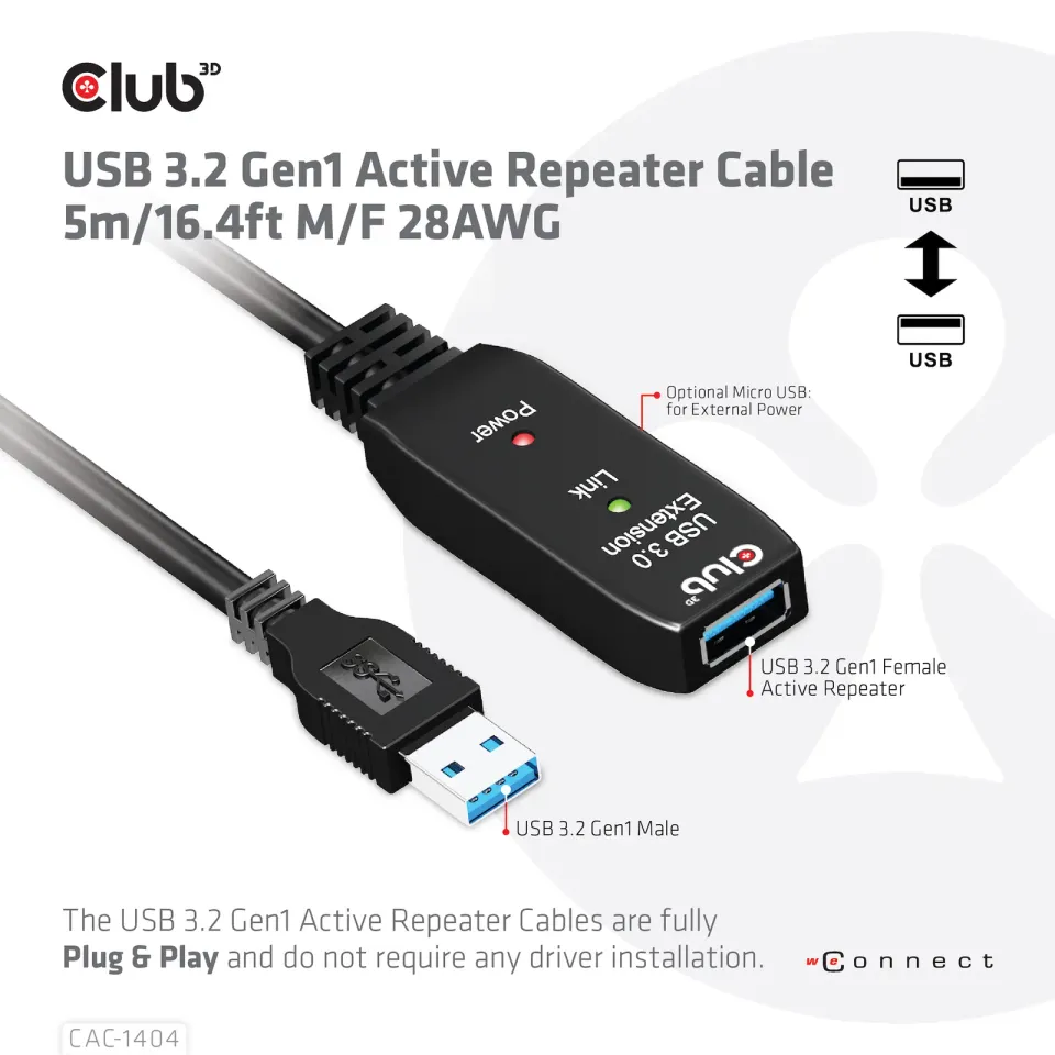 Club3D Kabel USB 3.2 Gen1 Active Repeater Cable M/F 28AWG, 5m