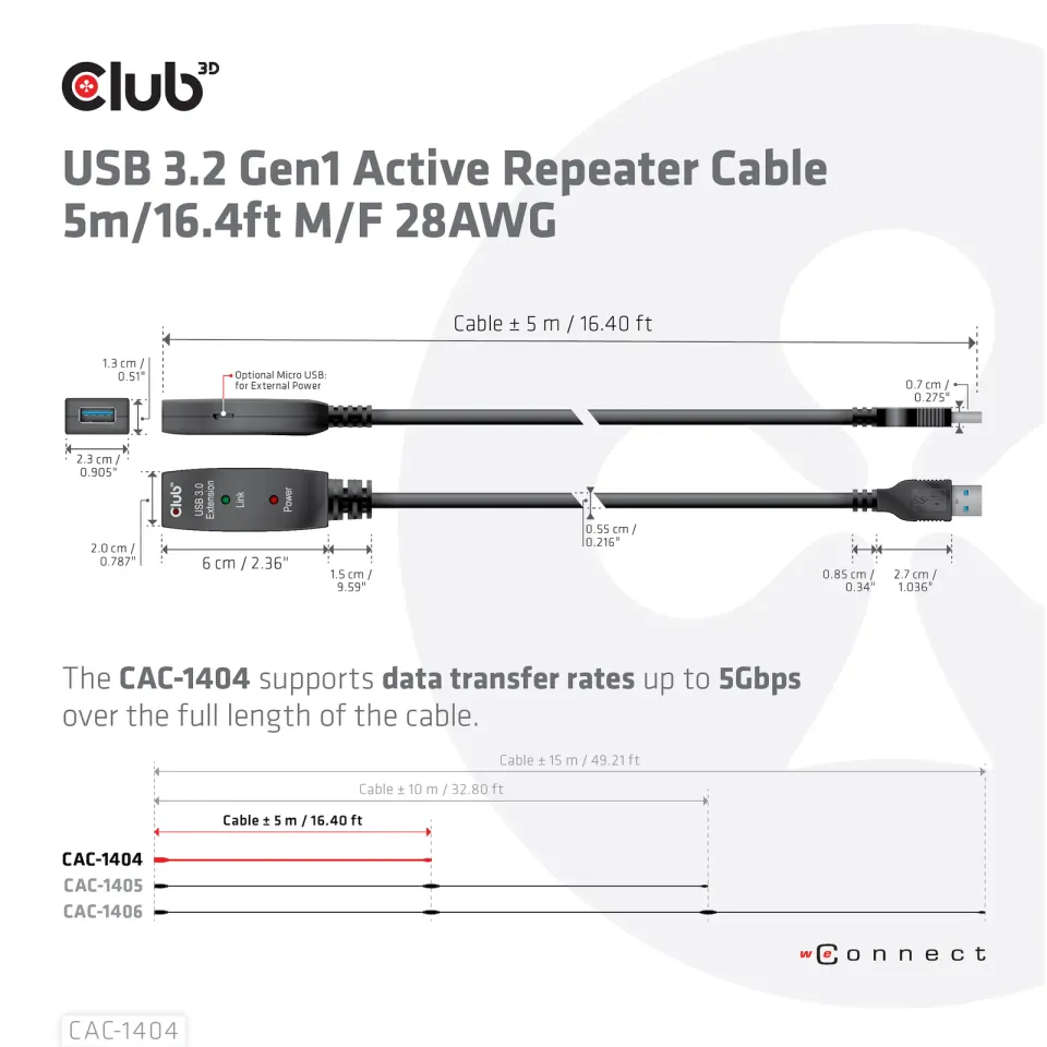 Club3D Kabel USB 3.2 Gen1 Active Repeater Cable M/F 28AWG, 5m