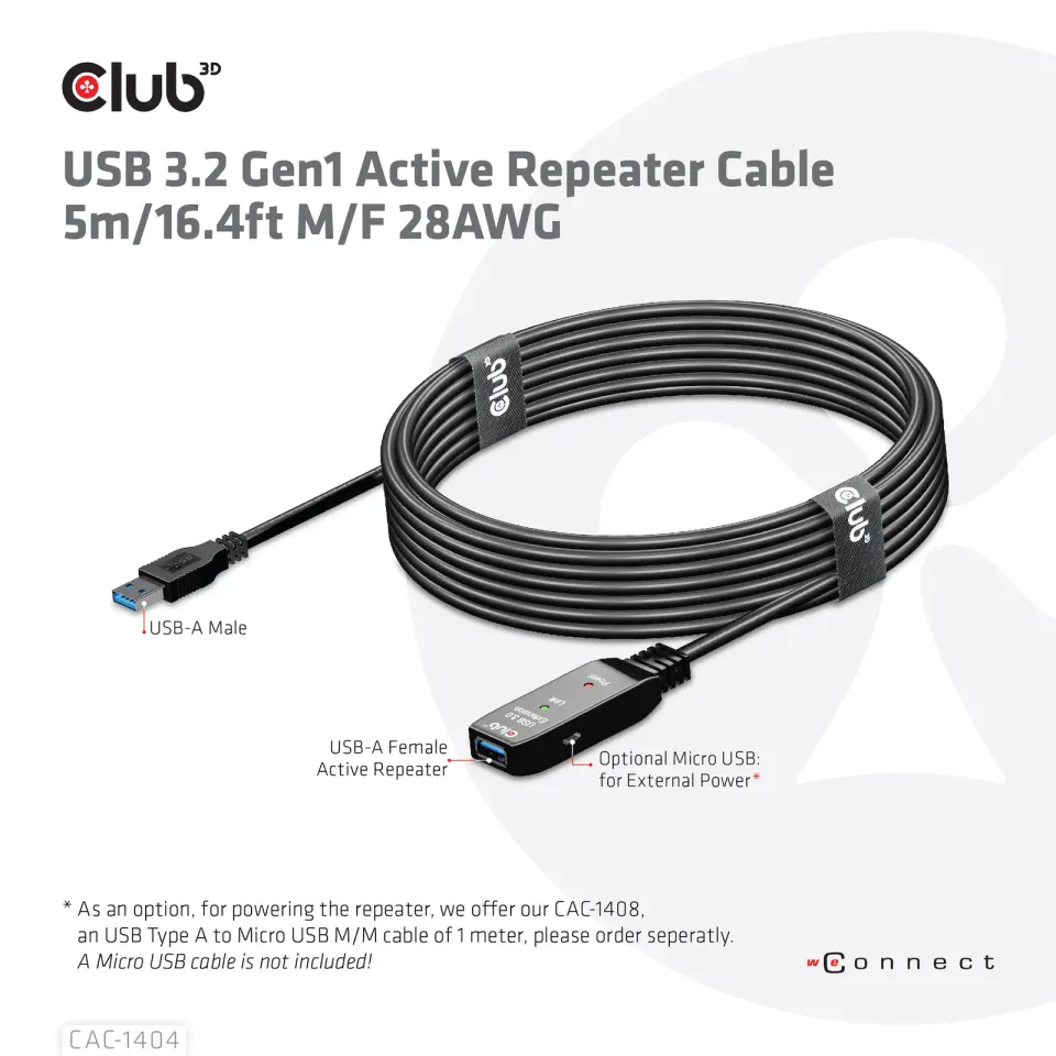 Club3D Kabel USB 3.2 Gen1 Active Repeater Cable M/F 28AWG, 5m