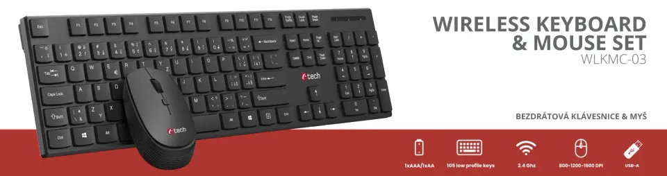C-TECH WLKMC-03, bezdrátový set klávesnice s myší,nízký zdvih,USB, CZ/SK,černá