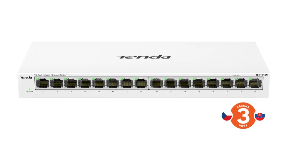 Tenda TEG1016M 16-port Gigabit Switch, 16x 10/100/1000 Mb/s, Fanless, MAC 8K, napájení AC/DC, i zeď