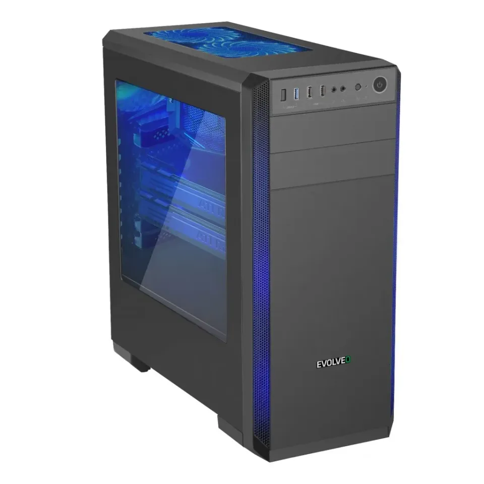 EVOLVEO T3, case ATX, 2x USB2.0 / 1x USB3.0 , 3x 120mm (modrý), černý s modrým p