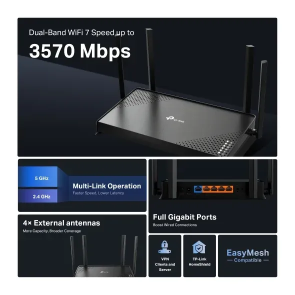 TP-Link Archer BE220 - Dvoupásmový Wi-Fi 7 router BE3600