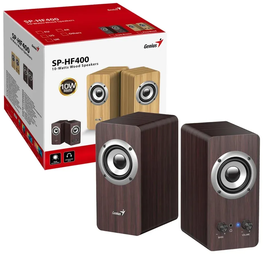 Genius SP-HF400 Reproduktory, 2.0, 10W, 3,5mm jack, dřevěné, tmavé dřevo