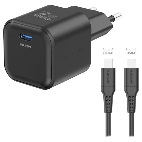 Swissten síťový adaptér gan 1x usb-c 35w power delivery černý + datový kabel usb-c/usb-c 1,2 m černý