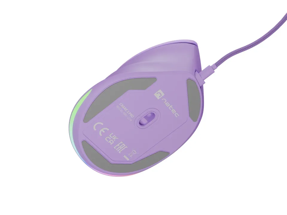 Vertikální myš Natec CRAKE 2 PRO/Vertikální/Optická/Pro praváky/12 400 DPI/Drátové USB-A/Fialová