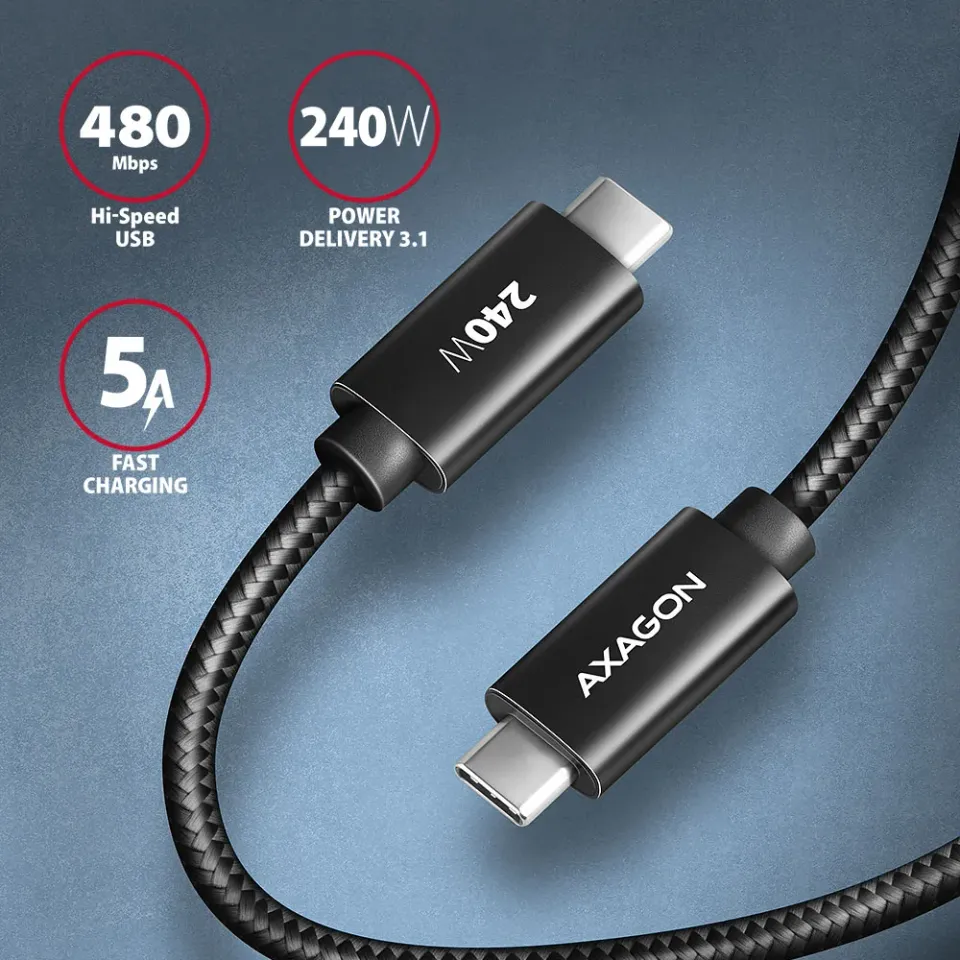 AXAGON BUCM2-CM15AB, CHARGE kabel USB-C <-> USB-C, 1,5m, Hi-Speed USB, PD 240W 5