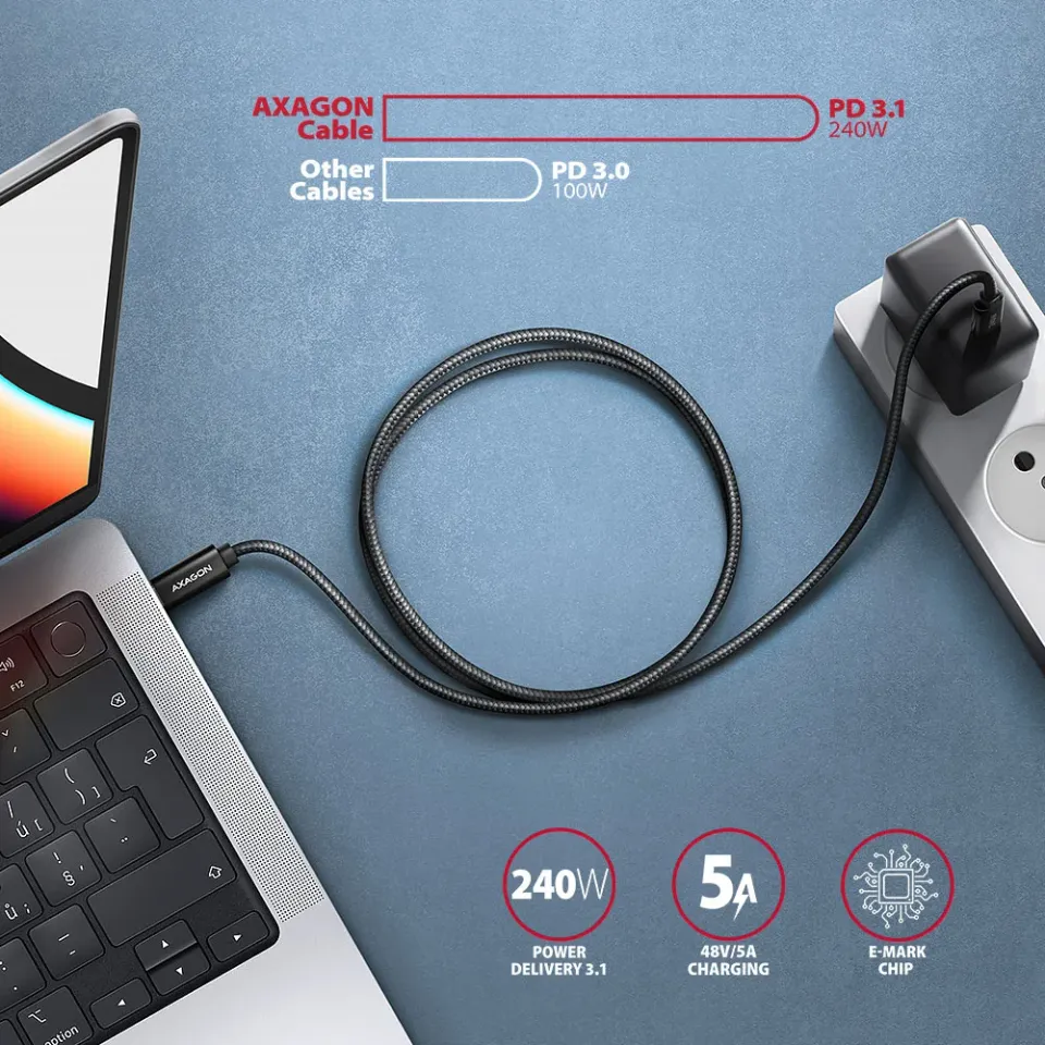 AXAGON BUCM2-CM15AB, CHARGE kabel USB-C <-> USB-C, 1,5m, Hi-Speed USB, PD 240W 5