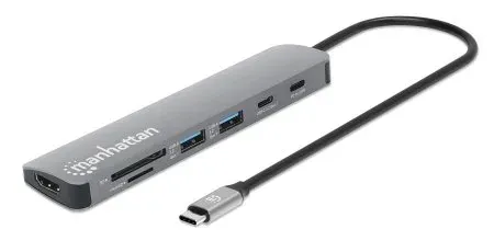 MANHATTAN Dokovací stanice USB-C 7v1, 1xHDMI, 2xUSB-C, 2xUSB, čtečka SD karet, šedá