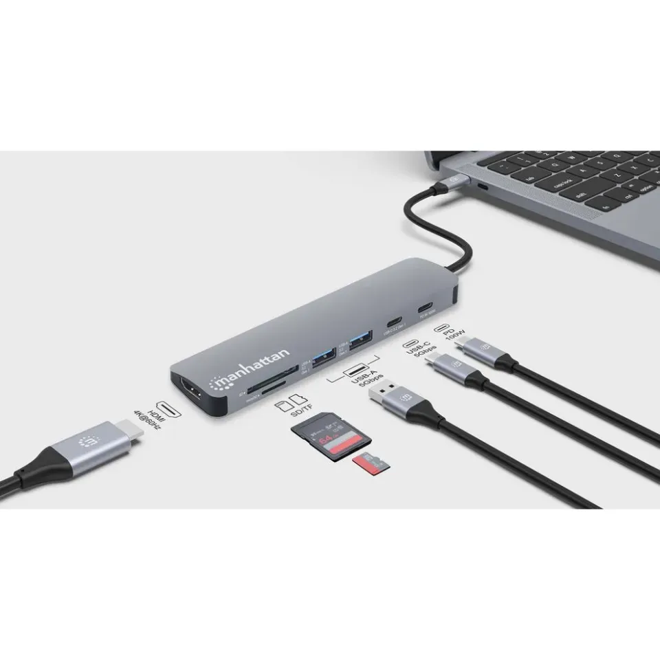 MANHATTAN Dokovací stanice USB-C 7v1, 1xHDMI, 2xUSB-C, 2xUSB, čtečka SD karet, šedá