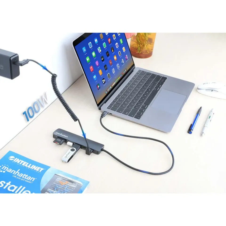 MANHATTAN Dokovací stanice USB-C 7v1, 1xHDMI, 2xUSB-C, 2xUSB, čtečka SD karet, šedá