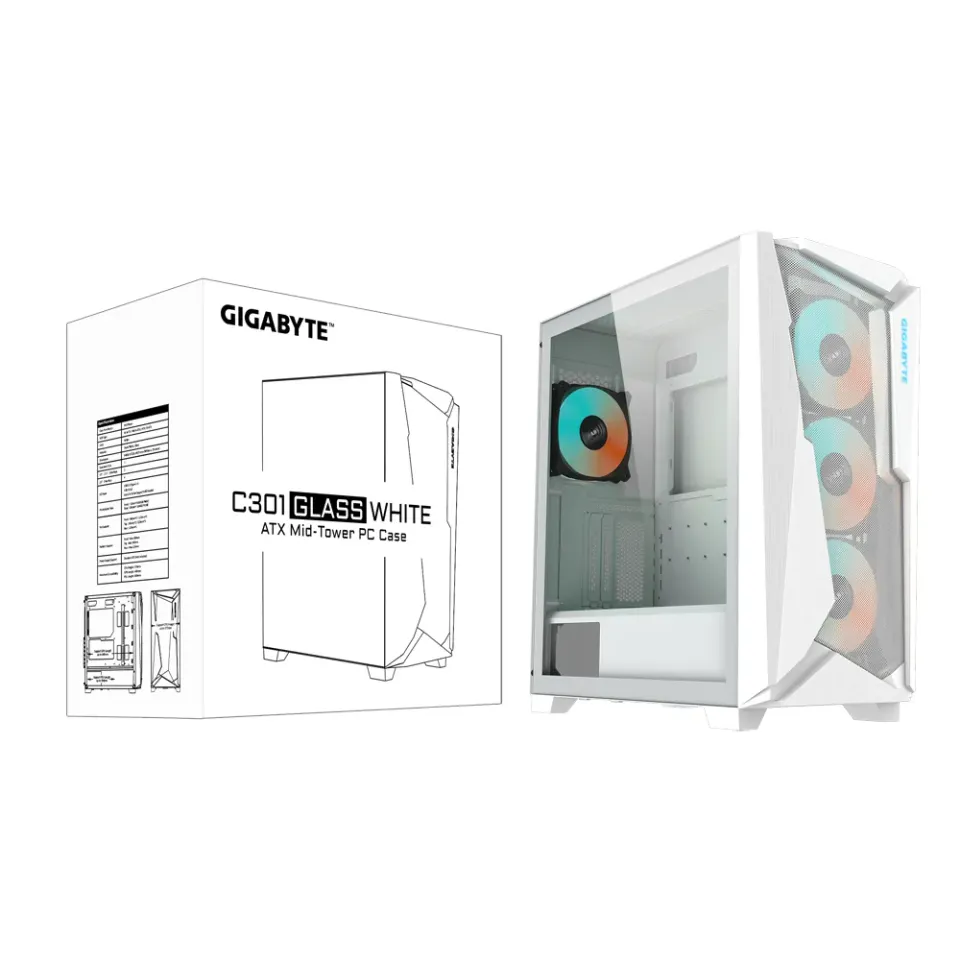 GIGABYTE case GB-C301GW V2, Mid tower, Průhledná bočnice, 4x 120mm ARGB Fan, bílá