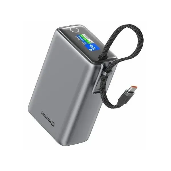 Swissten Power Bank Cestovní 25000 mAh (96.25Wh) 100W s Integrovaným Kabelem USB-C Šedá