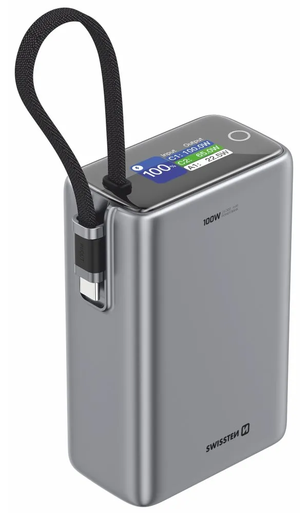 Swissten Power Bank Cestovní 25000 mAh (96.25Wh) 100W s Integrovaným Kabelem USB-C Šedá