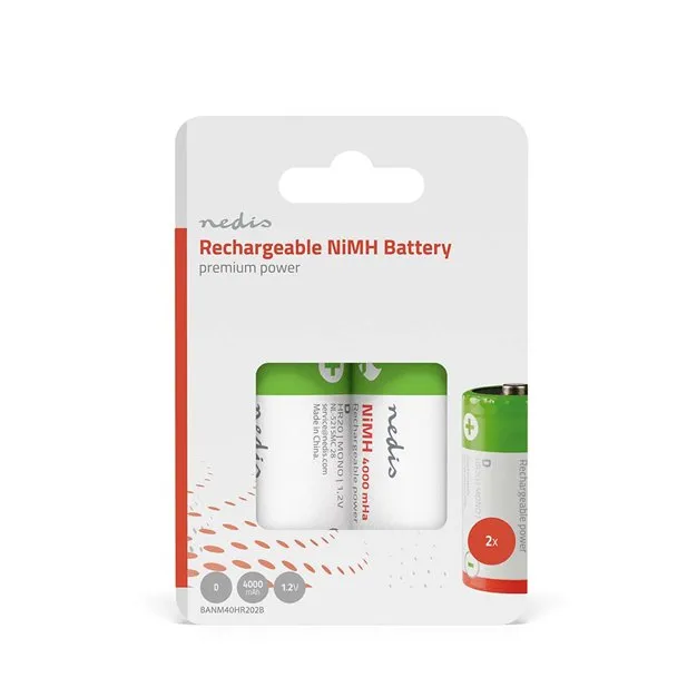 Nedis BANM40HR202B - Dobíjecí Ni-MH Baterie D | 1.2 V | 4000 mAh | 2 kusů | Blis