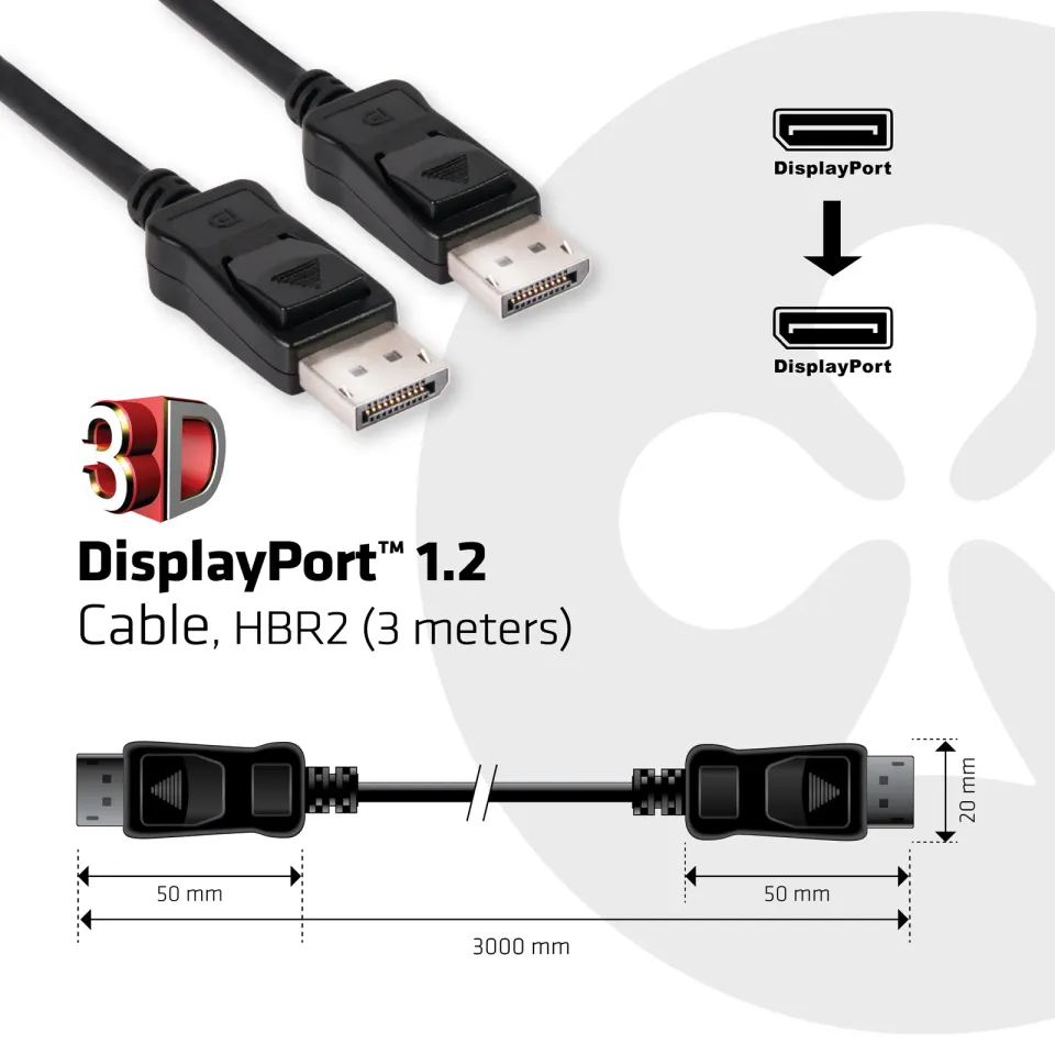 Club3D Kabel certifikovaný DisplayPort 1.2, 4K60Hz UHD (M/M), 3m, 30 AWG