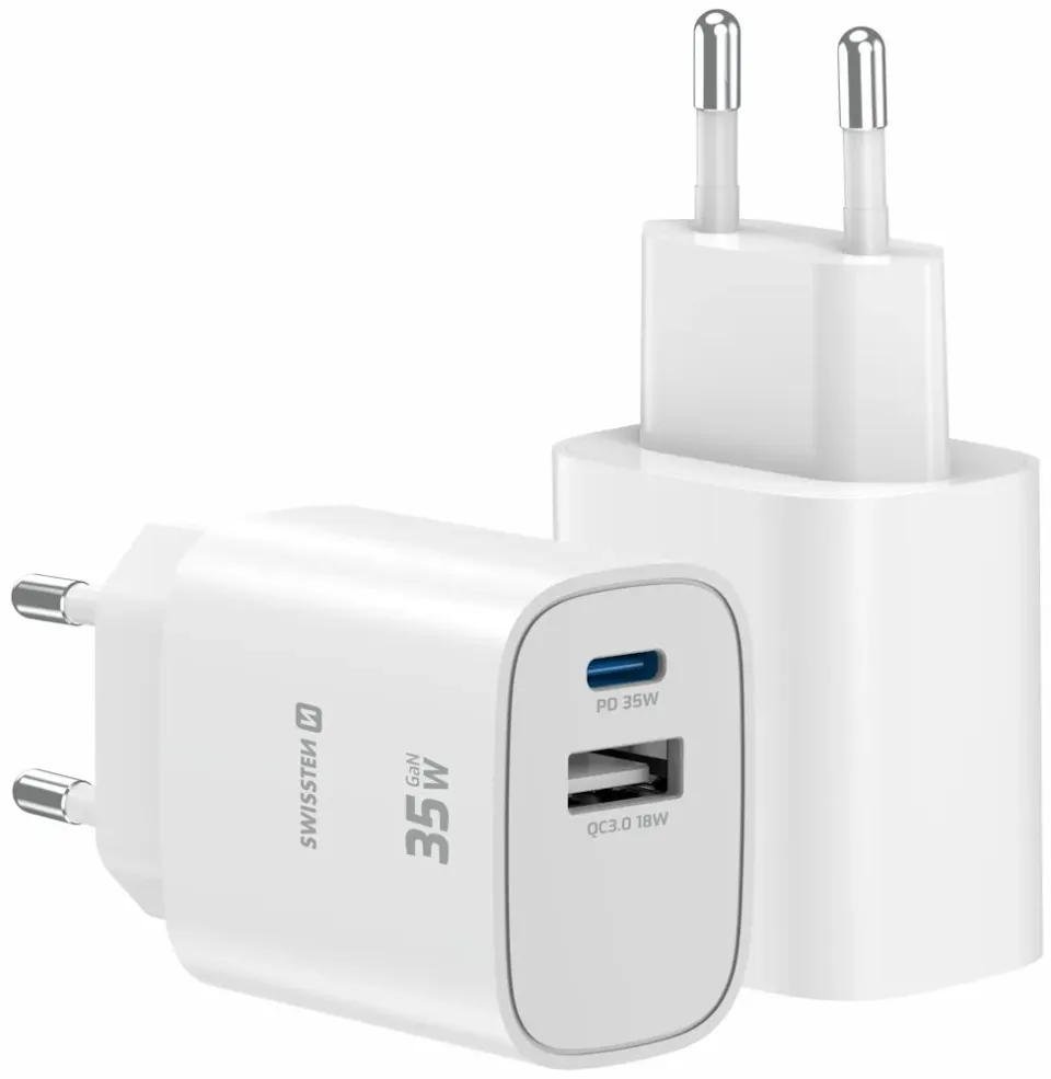 Swissten Síťový Adaptér Edge GaN 1x USB-C PD 35W + 1x USB-A 18W QC Bílý