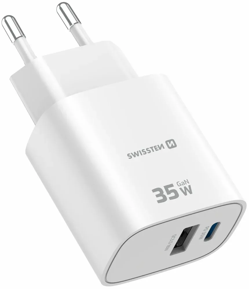 Swissten Síťový Adaptér Edge GaN 1x USB-C PD 35W + 1x USB-A 18W QC Bílý